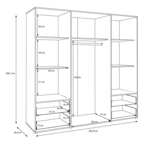 Szafa przesuwna na ubrania 200 cm  Kolor Czarny / Dąb Artisan